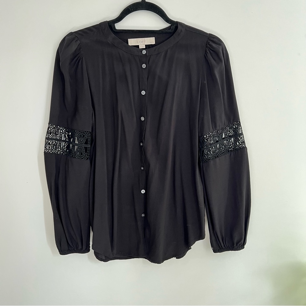 LOFT Black Button-Up Blouse with Lace Sleeves